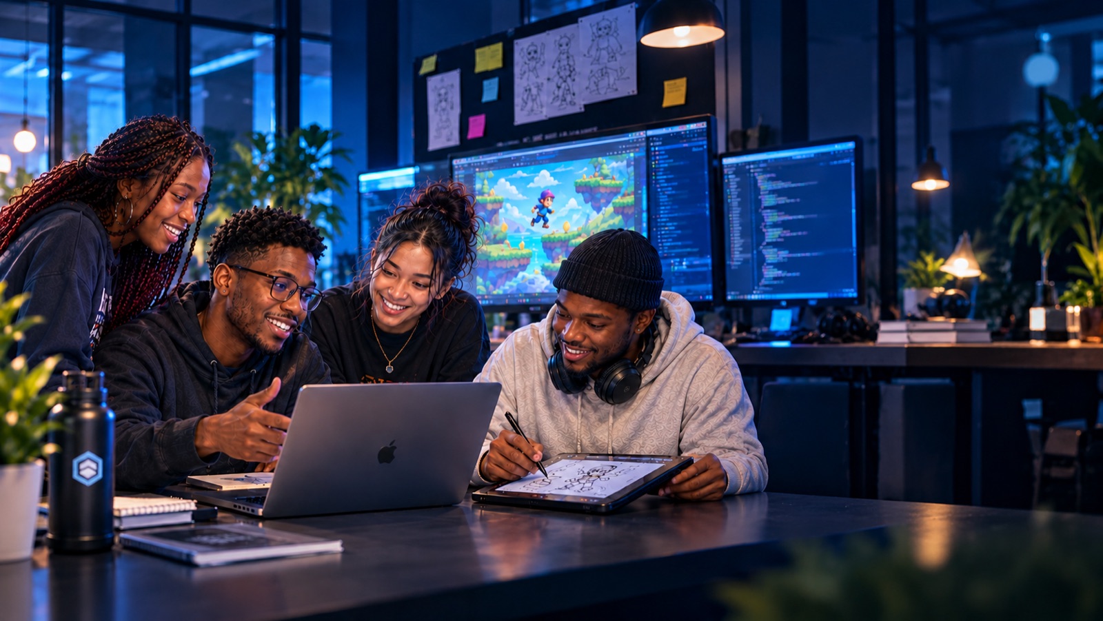 Four creators gathered around a laptop in a studio, looking at a game in progress